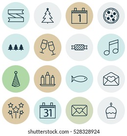 Set Of 16 New Year Icons. Can Be Used For Web, Mobile, UI And Infographic Design. Includes Elements Such As Blank Ribbon, Celebration Letter, Wax And More.