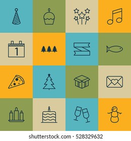 Set Of 16 New Year Icons. Can Be Used For Web, Mobile, UI And Infographic Design. Includes Elements Such As Champagne Glasses, Sliced Pizza, Blank Ribbon And More.
