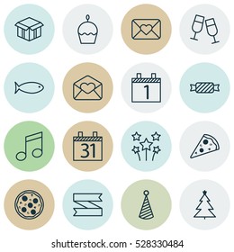Set Of 16 New Year Icons. Can Be Used For Web, Mobile, UI And Infographic Design. Includes Elements Such As Open Cardboard, Decorated Tree, Crotchets And More.