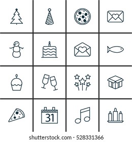 Set Of 16 New Year Icons. Can Be Used For Web, Mobile, UI And Infographic Design. Includes Elements Such As Celebration Letter, Champagne Glasses, Celebration Cake And More.