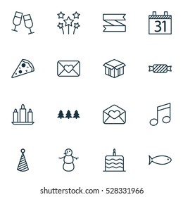 Set Of 16 New Year Icons. Can Be Used For Web, Mobile, UI And Infographic Design. Includes Elements Such As Holiday Ornament, Greeting Email, Crotchets And More.