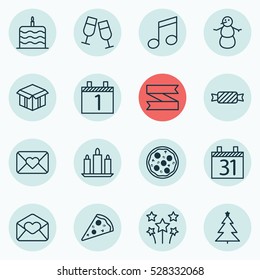 Set Of 16 New Year Icons. Can Be Used For Web, Mobile, UI And Infographic Design. Includes Elements Such As Date, Sweet, Festive Fireworks And More.