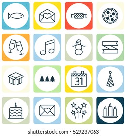 Set Of 16 New Year Icons. Can Be Used For Web, Mobile, UI And Infographic Design. Includes Elements Such As Celebration Letter, Open Cardboard, Blank Ribbon And More.
