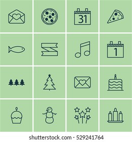 Set Of 16 New Year Icons. Can Be Used For Web, Mobile, UI And Infographic Design. Includes Elements Such As Greeting Email, Wax, Winter And More.