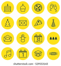 Set Of 16 New Year Icons. Can Be Used For Web, Mobile, UI And Infographic Design. Includes Elements Such As Pizza Meal, Greeting Email, Sweet And More.