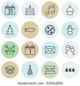Set Of 16 New Year Icons. Can Be Used For Web, Mobile, UI And Infographic Design. Includes Elements Such As Champagne Glasses, Celebration Cake, Date And More.
