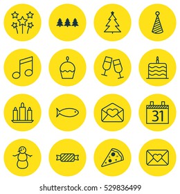 Set Of 16 New Year Icons. Can Be Used For Web, Mobile, UI And Infographic Design. Includes Elements Such As Celebration Cake, Crotchets, Festive Fireworks And More.