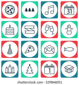 Set Of 16 New Year Icons. Can Be Used For Web, Mobile, UI And Infographic Design. Includes Elements Such As Open Cardboard, Date, Celebration Cake And More.