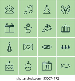 Set Of 16 New Year Icons. Can Be Used For Web, Mobile, UI And Infographic Design. Includes Elements Such As Decorated Tree, Wax, Sweet And More.