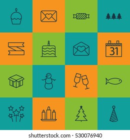 Set Of 16 New Year Icons. Can Be Used For Web, Mobile, UI And Infographic Design. Includes Elements Such As Sweet, Open Cardboard, Birthday Hat And More.