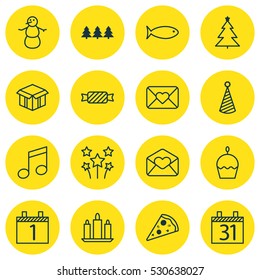 Set Of 16 New Year Icons. Can Be Used For Web, Mobile, UI And Infographic Design. Includes Elements Such As Celebration Letter, Holiday Ornament, Winter And More.