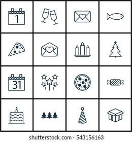 Set Of 16 New Year Icons. Includes Decorated Tree, Champagne Glasses, Open Cardboard And Other Symbols. Beautiful Design Elements.