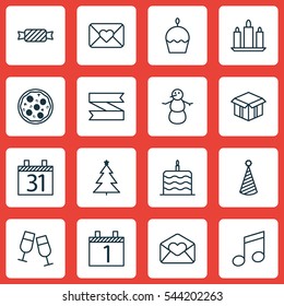 Set Of 16 New Year Icons. Includes Winter, Sweet, Wax And Other Symbols. Beautiful Design Elements.