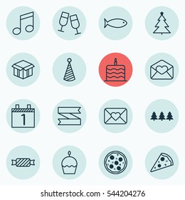 Set Of 16 New Year Icons. Includes Birthday Hat, Celebration Letter, Holiday Ornament And Other Symbols. Beautiful Design Elements.