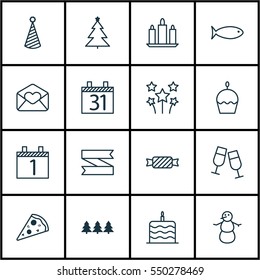 Set Of 16 New Year Icons. Includes Birthday Cake, Holiday Ornament, Wax And Other Symbols. Beautiful Design Elements.