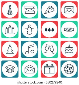 Set Of 16 New Year Icons. Includes Greeting Email, Winter, Birthday Hat And Other Symbols. Beautiful Design Elements.