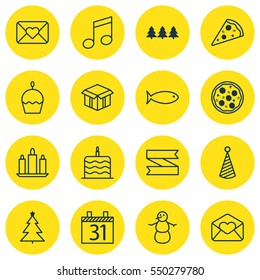 Set Of 16 New Year Icons. Includes Date, Birthday Cake, Winter And Other Symbols. Beautiful Design Elements.