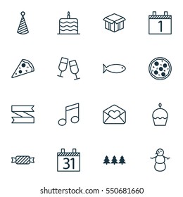 Set Of 16 New Year Icons. Includes Sweet, Celebration Cake, Winter And Other Symbols. Beautiful Design Elements.