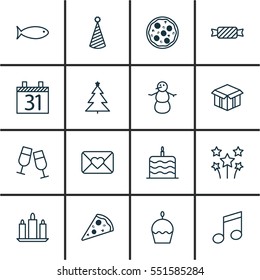 Set Of 16 New Year Icons. Includes Date, Wax, Open Cardboard And Other Symbols. Beautiful Design Elements.