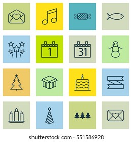 Set Of 16 New Year Icons. Includes Open Cardboard, Sweet, Greeting Email And Other Symbols. Beautiful Design Elements.