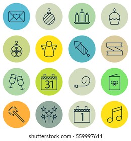 Set Of 16 New Year Icons. Includes Wax, Champagne Glasses, Tree Toy And Other Symbols. Beautiful Design Elements.