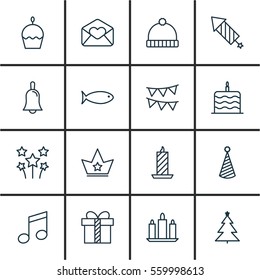 Set Of 16 New Year Icons. Includes Celebration Cake, Fire Wax, Fishing And Other Symbols. Beautiful Design Elements.
