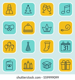 Set Of 16 New Year Icons. Includes Open Cardboard, Celebrate Whistle, Snow Person And Other Symbols. Beautiful Design Elements.