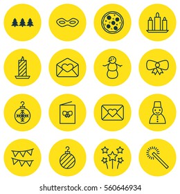 Set Of 16 New Year Icons. Includes Pizza Meal, Butterfly Knot, Wax And Other Symbols. Beautiful Design Elements.