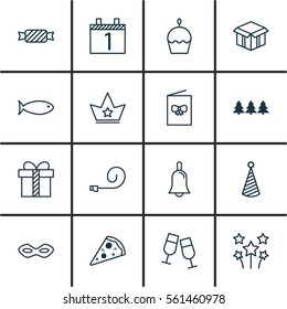 Set Of 16 New Year Icons. Includes Open Cardboard, Carnival Face, Sliced Pizza And Other Symbols. Beautiful Design Elements.