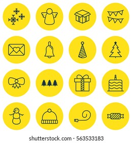 Set Of 16 New Year Icons. Includes Archangel, Celebration Cake, Star Snow And Other Symbols. Beautiful Design Elements.