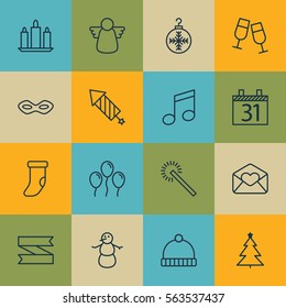 Set Of 16 New Year Icons. Includes Greeting Email, Carnival Face, Firework And Other Symbols. Beautiful Design Elements.