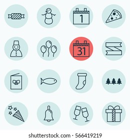 Set Of 16 New Year Icons. Includes Fishing, Sweet, Date And Other Symbols. Beautiful Design Elements.