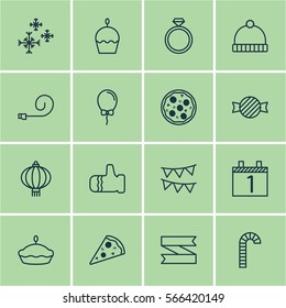 Set Of 16 New Year Icons. Includes Decorative Flags, Wedding Jewel, Flan And Other Symbols. Beautiful Design Elements.