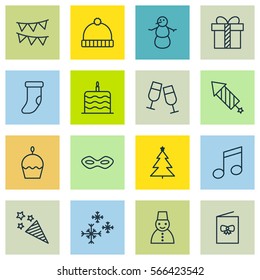 Set Of 16 New Year Icons. Includes Celebration Card, Celebration Cake, Winter And Other Symbols. Beautiful Design Elements.