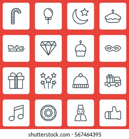 Set Of 16 New Year Icons. Includes Balloon, Crescent, Sled And Other Symbols. Beautiful Design Elements.