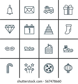 Set Of 16 New Year Icons. Includes Handbell, Pizza Meal, Fireplace Decoration Symbols. Beautiful Design Elements.