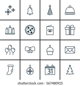 Set Of 16 New Year Icons. Includes Birthday Hat, Air Ball, Birthday Cake And Other Symbols. Beautiful Design Elements.