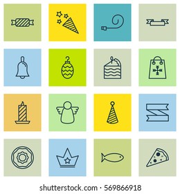 Set Of 16 New Year Icons. Includes Doughnut, Corona, Christmas Toy And Other Symbols. Beautiful Design Elements.