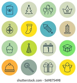 Set Of 16 New Year Icons. Includes Fire Wax, Air Ball, Sparkles And Other Symbols. Beautiful Design Elements.