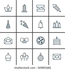 Set Of 16 New Year Icons. Includes Butterfly Knot, Pizza Meal, Birthday Hat And Other Symbols. Beautiful Design Elements.
