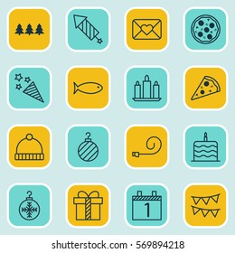 Set Of 16 New Year Icons. Includes Knitted Cap, Christmas Ball, Holiday Ornament And Other Symbols. Beautiful Design Elements.