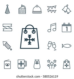 Set Of 16 New Year Icons. Includes Cake Piece, Champagne Glasses, Birthday Hat And Other Symbols. Beautiful Design Elements.