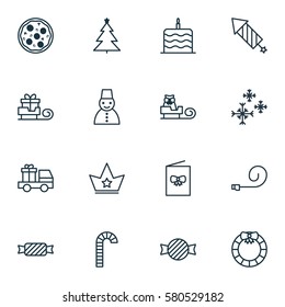 Set Of 16 New Year Icons. Includes Sleigh, Decorated Tree, Sweet And Other Symbols. Beautiful Design Elements.