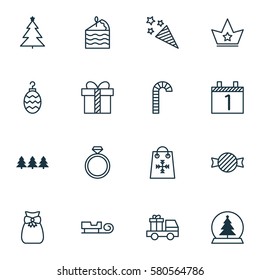 Set Of 16 New Year Icons. Includes Gift, Christmas Toy, Magic Sphere And Other Symbols. Beautiful Design Elements.