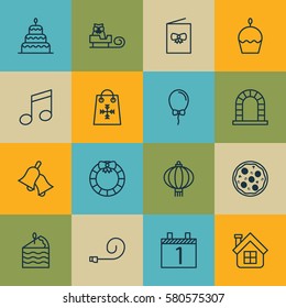 Set Of 16 New Year Icons. Includes Traditional Lamp, Sleigh, Ringer And Other Symbols. Beautiful Design Elements.