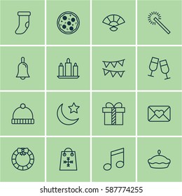 Set Of 16 New Year Icons. Includes Sparkles, Champagne Glasses, Fireplace Decoration And Other Symbols. Beautiful Design Elements.