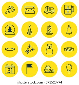 Set Of 16 New Year Icons. Includes Placard, Winter Cup, Sweet And Other Symbols. Beautiful Design Elements.