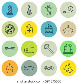Set Of 16 New Year Icons. Includes Mitten, Flan, Fishing And Other Symbols. Beautiful Design Elements.