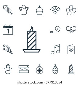 Set Of 16 New Year Icons. Includes Crotchets, Celebration Card, Japan Souvenir And Other Symbols. Beautiful Design Elements.