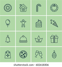 Set Of 16 New Year Icons. Includes Christmas Toy, Trading, Shortcake And Other Symbols. Beautiful Design Elements.